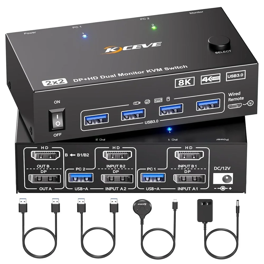 ANGEET KVM Switch 2 Monitors‎ 2 Computers HDMI DisplayPort 4K 144Hz USB 3.0